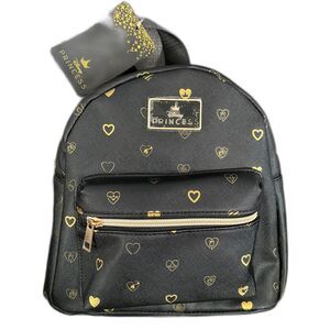 Disney Princess Faux Leather Black Mini Backpack with gold hearts, NWT